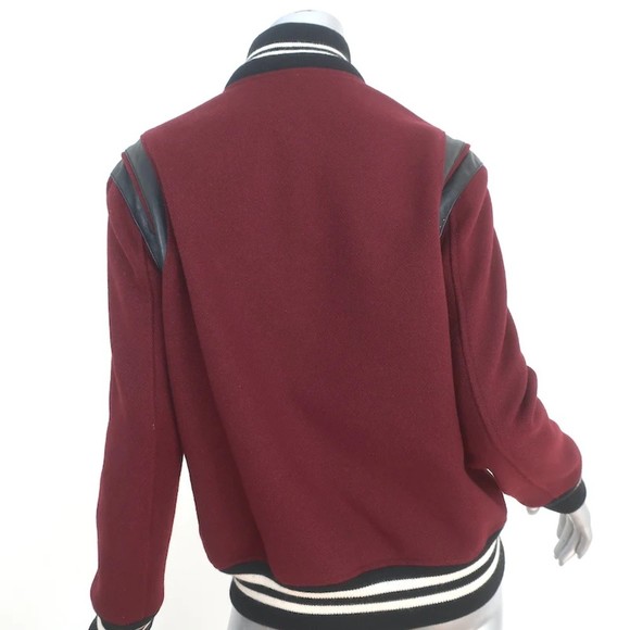 Saint Laurent Teddy Bomber Jacket Leather-Trim Burgundy Wool Size 46 - Picture 4 of 8